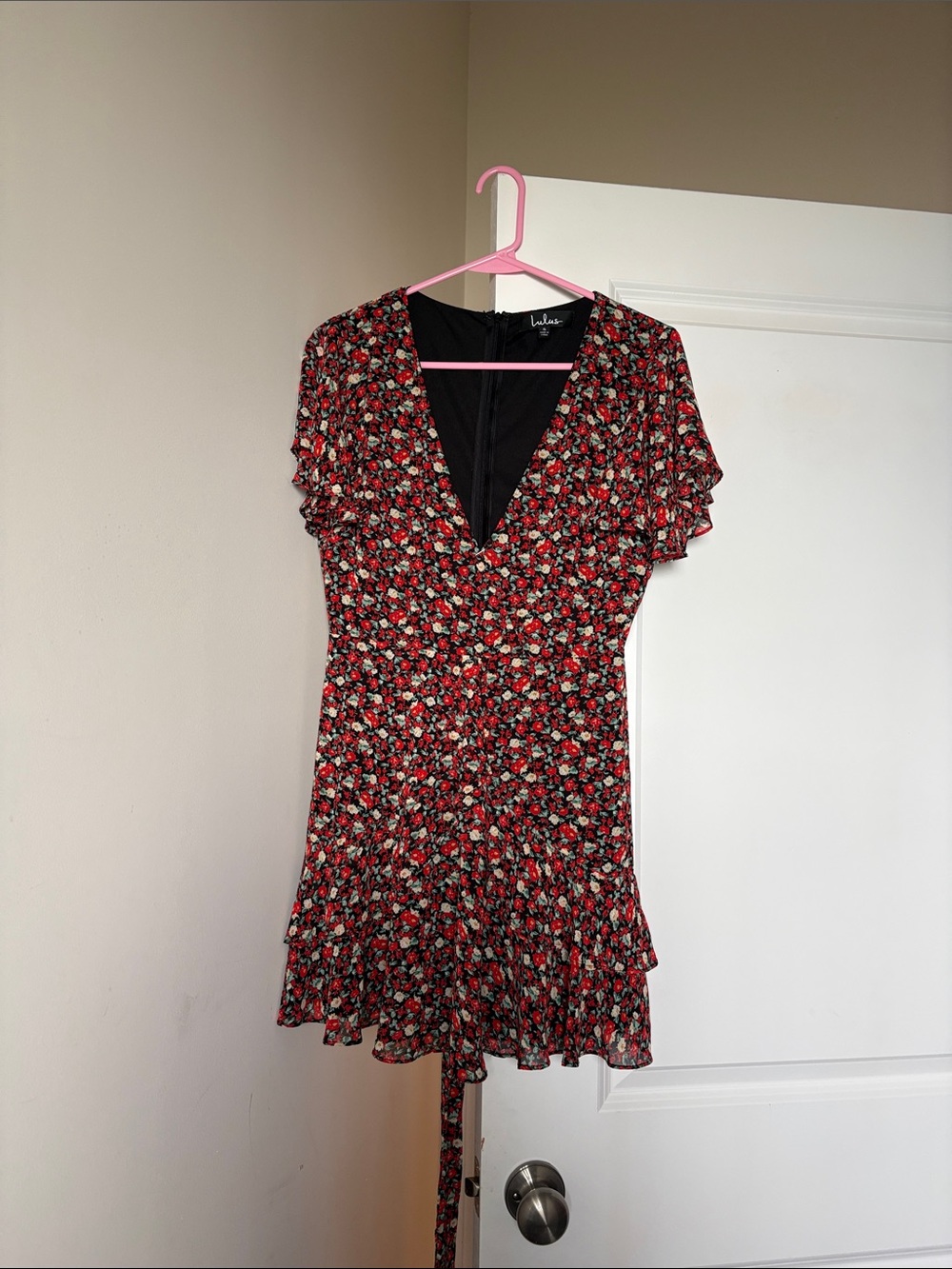 Lulu's Red Multi Floral V-Neck Ruffle Mini Dress